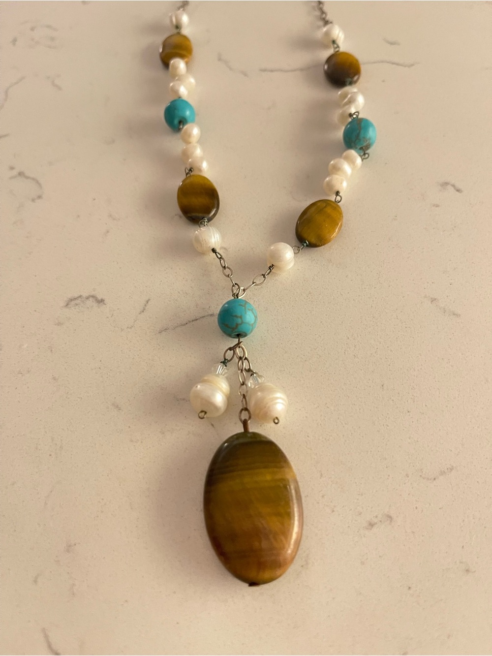 Turquoise & Tiger Eye Pearl Pendant Necklace - Women Jewelry